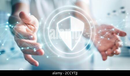 Homme d'affaires sur un arrière-plan flou utilisant une protection de protection sécurisée avec des connexions Rendu 3D Banque D'Images