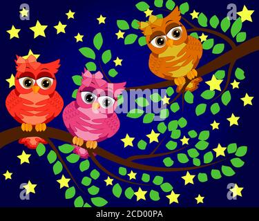 Bonne nuit et doux rêves.scène de nuit avec lune et étoiles,owl.Hibou sur la branche.Lune faite de stars.La Nature. Illustration de Vecteur