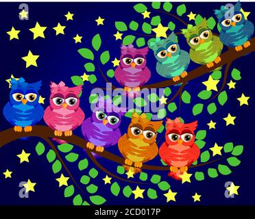 Bonne nuit et doux rêves.scène de nuit avec lune et étoiles,owl.Hibou sur la branche.Lune faite de stars.La Nature. Illustration de Vecteur