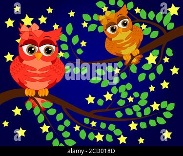 Bonne nuit et doux rêves.scène de nuit avec lune et étoiles,owl.Hibou sur la branche.Lune faite de stars.La Nature. Illustration de Vecteur