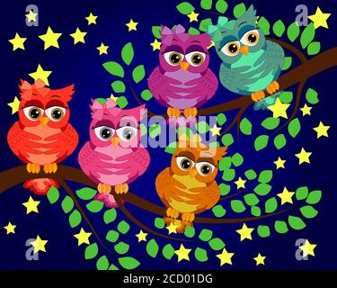 Bonne nuit et doux rêves.scène de nuit avec lune et étoiles,owl.Hibou sur la branche.Lune faite de stars.La Nature. Illustration de Vecteur