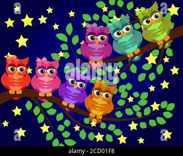 Bonne nuit et doux rêves.scène de nuit avec lune et étoiles,owl.Hibou sur la branche.Lune faite de stars.La Nature. Illustration de Vecteur