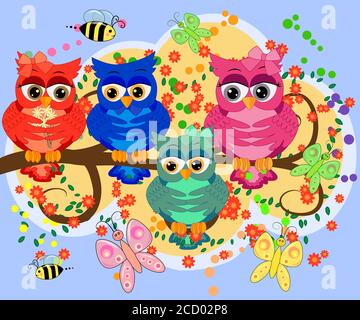 Trois Chouettes Chouettes Dessins Animes Colores Assises Sur La Branche De L Arbre Avec Des Fleurs Autocollant Amusant Des Oiseaux Sur Fond Blanc Image Vectorielle Stock Alamy