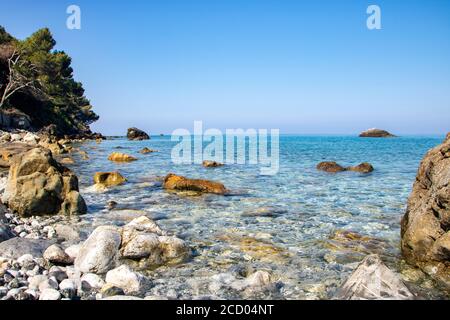 Paysage panoramique de la côte de Maratea et plage, région Basilicate, Italie Banque D'Images