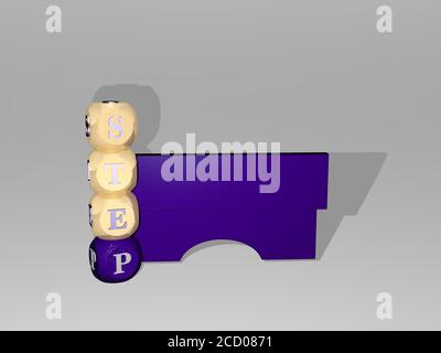 Illustration 3D des graphiques STEP et du texte autour de l'icône faite par des lettres métalliques de dés pour les significations connexes du concept et des présentations, illustration 3D Banque D'Images