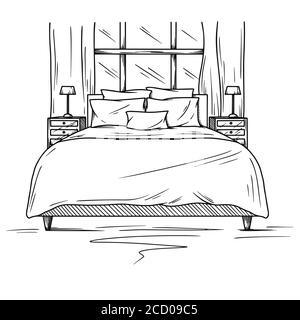 Croquis réalistes de la chambre à coucher. Croquis dessinés à la main, de l'intérieur. Vector illustration Illustration de Vecteur