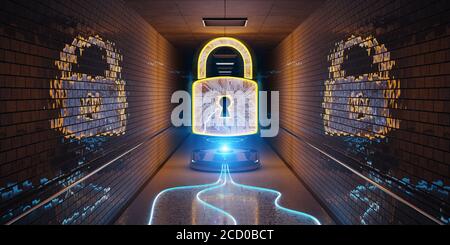 Hologramme de cyber-sécurité souterrain bleu et orange avec cadenas numérique Rendu 3D Banque D'Images