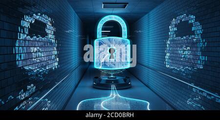 Hologramme de cyber-sécurité souterrain bleu avec rendu 3D par cadenas numérique Banque D'Images