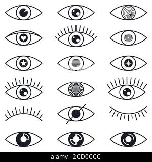 Définir les icônes d'œil. Yeux ouverts et fermés, formes d'yeux dormanants, avec cils, recherche de signes pour la page Web. Illustration de Vecteur