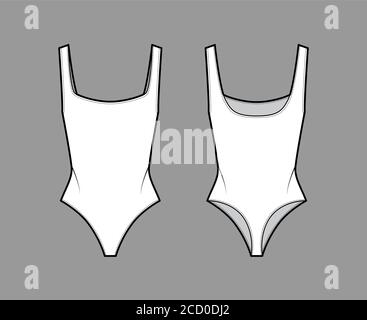 Body en jersey extensible à encolure carrée profonde et dos ouvert, illustration technique de la mode. Modèle de vêtement extérieur plat une pièce avant, arrière de couleur blanche. Femmes hommes unisex maillot de bain CAD maquette Illustration de Vecteur