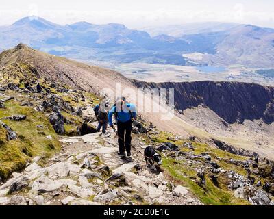 Randonneurs avec un chien sur le chemin Rhyd DDU à Bwlch main randonnée jusqu'au Mont Snowdon avec vue sur Llechog dans le parc national de Snowdonia, Gwynedd, pays de Galles, Royaume-Uni, Grande-Bretagne Banque D'Images