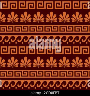 Ensemble de motifs vectoriels anciens sans couture grecs - décoration à motifs floraux et géométriques répétitifs, motif clé en marron et orange Illustration de Vecteur