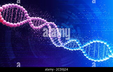 Génétique et biotechnologie. Double spirale d'ADN sur fond bleu, illustration créative Banque D'Images