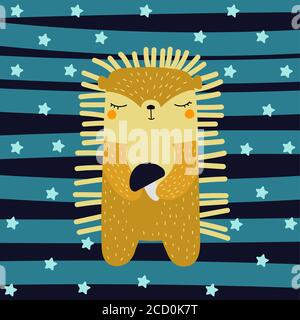 Mignon hérisson et champignon style scandinave pour enfant dessiné à la main Illustration de dessin animé Doodle Vector Illustration de Vecteur