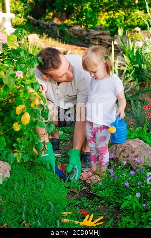 Concept d'activité familiale en plein air. Petite fille avec son père plantant succulent dans le jardin Banque D'Images