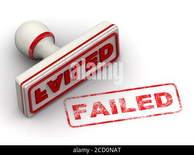 Échec. L'embouti et une empreinte. L'empreinte et le tampon en caoutchouc rouge ONT ÉCHOUÉ sur la surface blanche. Illustration 3D Banque D'Images
