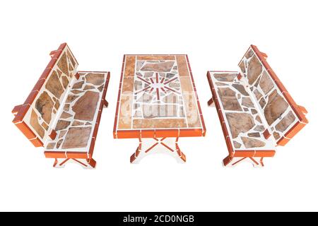 Table en pierre avec bancs en pierre isolés sur fond blanc. Peut être utilisé à l'extérieur dans le jardin. Banque D'Images