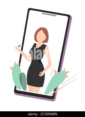 Bonne fille en petite robe noire avec cocktail sur l'écran du téléphone. Concept de fête en ligne, d'anniversaire ou de réunion d'amis. Mise en quarantaine du vecteur de partie à plat Illustration de Vecteur