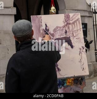 Londres le 25 août 2020 Rob Pointon un artiste de plein air peint les soldats montés au Horse Guards Parade. Il espère que les photos seront accrochées au musée des gardes à cheval. Crédit : Ian Davidson/Alay Live News Banque D'Images