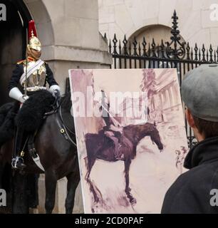 Londres le 25 août 2020 Rob Pointon un artiste de plein air peint les soldats montés au Horse Guards Parade. Il espère que les photos seront accrochées au musée des gardes à cheval. Crédit : Ian Davidson/Alay Live News Banque D'Images