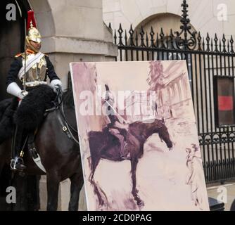 Londres le 25 août 2020 Rob Pointon un artiste de plein air peint les soldats montés au Horse Guards Parade. Il espère que les photos seront accrochées au musée des gardes à cheval. Crédit : Ian Davidson/Alay Live News Banque D'Images