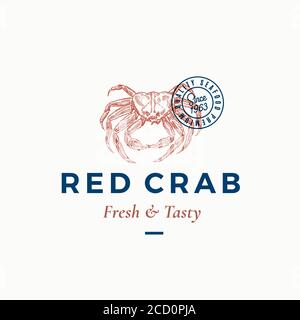 Modèle de symbole, de logo ou de symbole de crabe rouge frais et savoureux. Silltract de crabe tracé à la main avec Typographie rétro. Emblème vintage avec cachet. Illustration de Vecteur