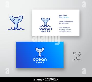 Modèle de carte de visite et logo vectoriel Ocean Games. Manette de jeu Icon incorporée dans une queue de baleine. Maquette haut de gamme, papeterie et réalisme. Illustration de Vecteur