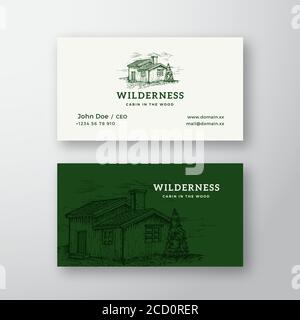 Modèle de carte de visite et logo vectoriel en bois sauvage abstrait vintage. Élégante esquisse de dessin de chalet en bois avec typographie rétro. Papeterie haut de gamme Illustration de Vecteur