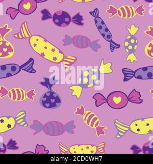 Motif vectoriel sans couture de différentes friandises dans des couleurs vives sur un fond violet vif. Design concept pour sucreries shop.sucreries chatterm Illustration de Vecteur