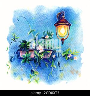 Lanterne et fleurs pittoresques sur le mur bleu de la maison sur la célèbre île de Burano, Venise, Italie. Dessin avec des crayons de couleur et aquarelle Banque D'Images