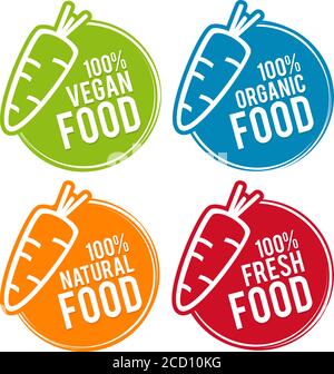 Lot d'écussons Eco Food. Aliments végétariens, biologiques, naturels et frais. Signes vectoriels dessinés à la main. Peut être utilisé pour la conception d'emballages. Illustration de Vecteur
