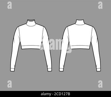 Pull court en jersey à col roulé illustration technique de la mode avec manches longues, coupe ajustée. Modèle de vêtement extérieur plat pull avant dos blanc couleur. Femmes hommes unisexe chemise haut maquette Illustration de Vecteur