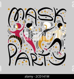 Concept de partie de masque dessiné à la main. Dansant les gens avec le lettrage. Illustration du vecteur pandémique. Illustration de Vecteur
