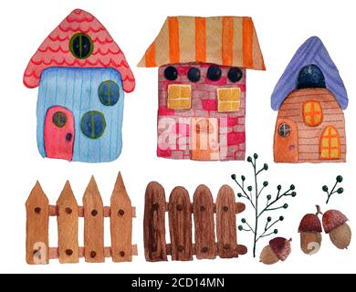 Set of old houses isolated on white. Watercolor hand painted illustration Banque D'Images