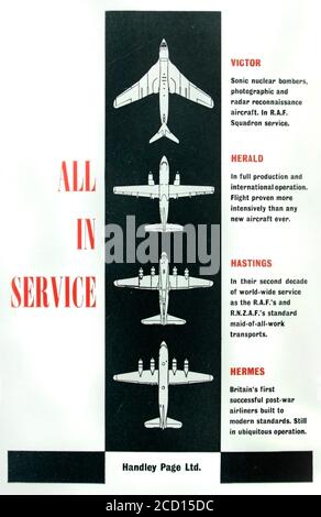 Publicité vintage pour la gamme d'avions civils et militaires de British Handley page. Banque D'Images