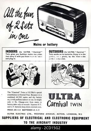 Publicité vintage 1953 pour les radios portatives « Ultra Carnival Twin » britanniques. Banque D'Images