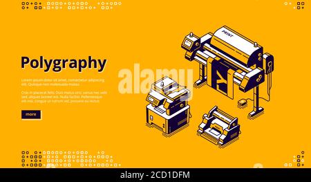 Bannière de polygraphie. Typographie, service d'impression. Page d'accueil vectorielle de la maison d'impression avec illustration isométrique de l'équipement de presse, du décalage et du traceur Illustration de Vecteur