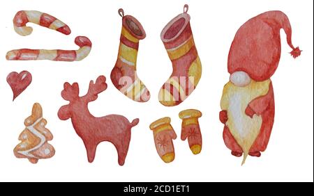 Ensemble d'éléments du nouvel an. Un fabuleux vieux gnome, un cerf, des bas de Noël et des mitaines, du pain d'épice et un coeur. Pour Noël et le nouvel an - Banque D'Images