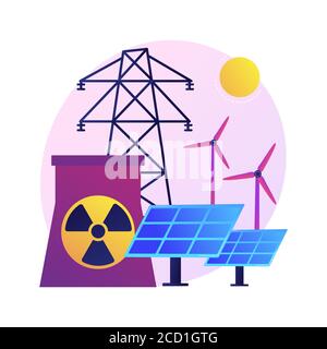 Réacteur atomique, moulin à vent et batterie solaire, métaphore du concept de vecteur de production d'énergie. Illustration de Vecteur