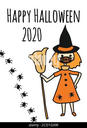 Modèle de carte de vœux Happy Halloween 2020. Sorcière portant un masque facial et araignées. Restez à la maison, style social distancé. Vecteur entièrement modifiable Illustration de Vecteur