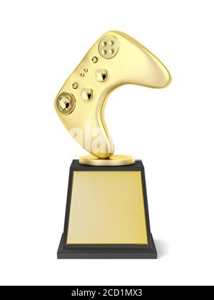 Trophée de jeu vidéo doré sur fond blanc, vue avant Banque D'Images