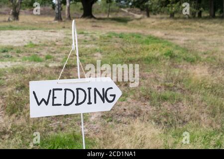 Direction en bois avec texte de mariage debout dans un champ à proximité une forêt à l'extérieur Banque D'Images