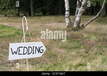 Direction en bois avec texte de mariage debout dans un champ à proximité une forêt à l'extérieur Banque D'Images