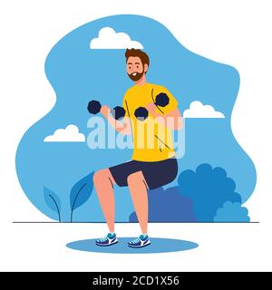 jeune homme faisant des exercices avec des haltères en plein air, sport de loisirs concept Illustration de Vecteur