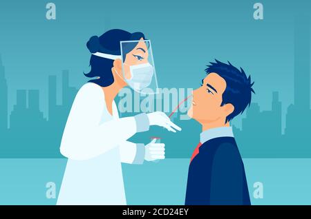 Concept de diagnostic du coronavirus. Vecteur d'un professionnel de la santé portant un équipement de protection effectuant un test par écouvillonnage nasal sur un patient. Illustration de Vecteur