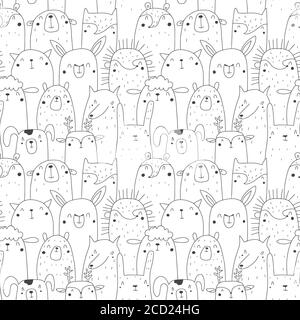 Motif sans couture avec animaux ours, renard, furet, chat, lama, hérisson, loup, hamster, mouton, cerf, chien, lièvre. ligne noire style doodle. Illustration vectorielle Illustration de Vecteur