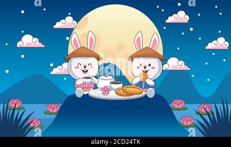 carte de célébration de mi-automne avec un couple de petits lapins le dessin d'illustration de vecteur de lac Illustration de Vecteur