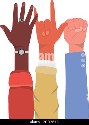 Fist rock signe et les mains ouvertes vers le haut de différents types de skins design, diversité personnes multiethnique race et thème de communauté illustration vectorielle Illustration de Vecteur