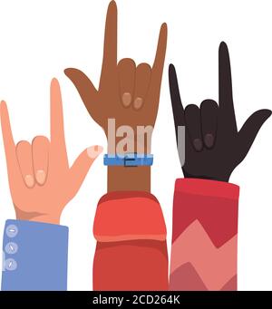 rock signe avec les mains de différents types de skins design, diversité personnes multiethnique race et thème communautaire illustration vectorielle Illustration de Vecteur