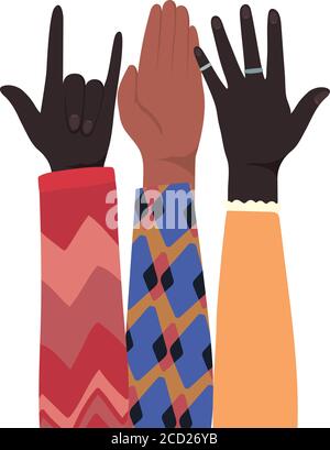 rock signe et les mains ouvertes de différents types de skins design, diversité personnes multiethnique race et thème de communauté illustration vectorielle Illustration de Vecteur